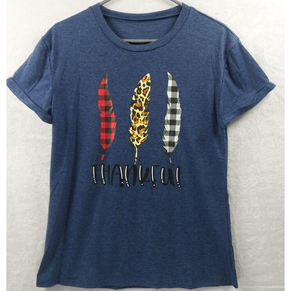 Women's Blue Thankful Graphic Print Crew Neck T Shirt Cotton Blend Size Medium